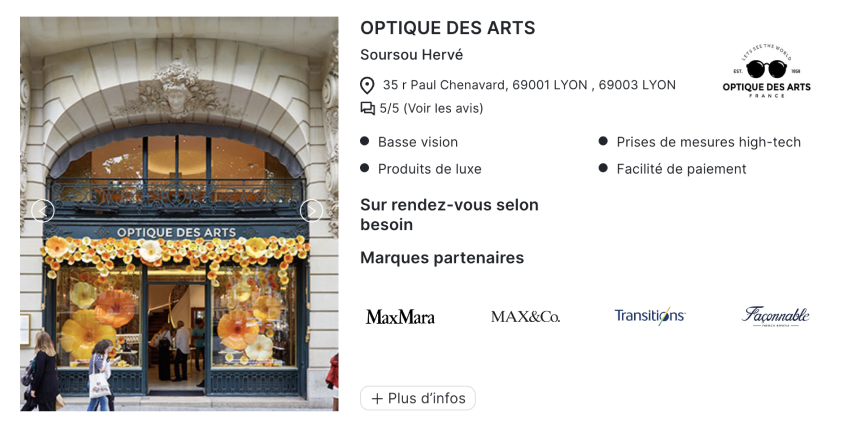 Exemple d’encart Premium dans la liste des opticiens